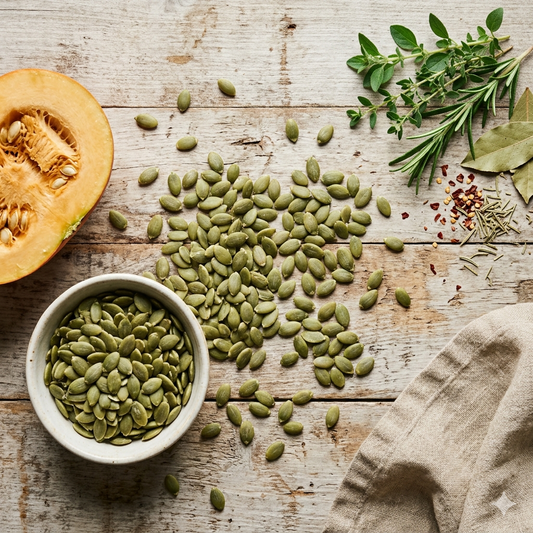 organic pumpkin seeds Pakistan Herbora, Organic pumpkin seeds scattered on wooden surface with herbs — Herbora Pakistan