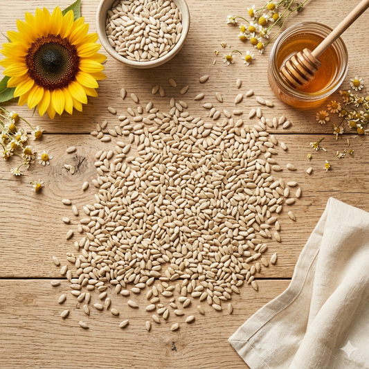 Organic sunflower seeds scattered on wooden surface with honey and sunflower | Herbora Pakistan | suraj mukhi ke beej